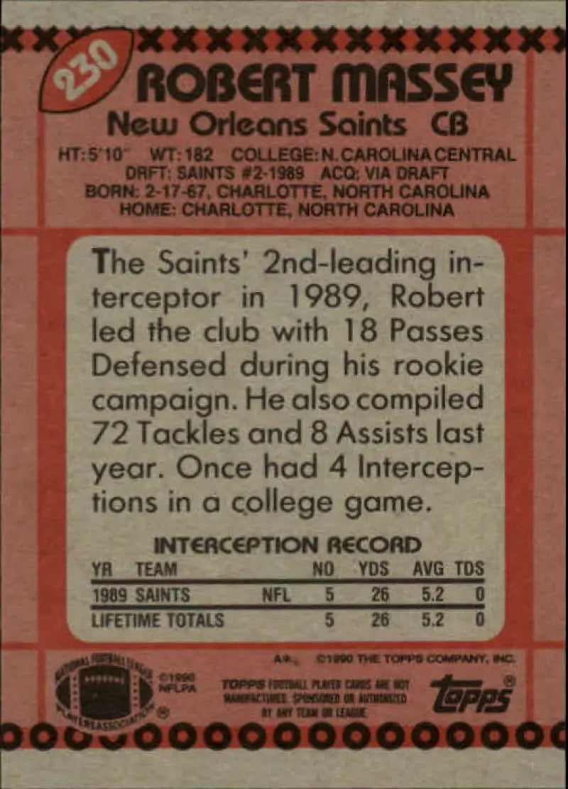 1990 Topps #230 Robert Massey EX Excellent RC Rookie New Orleans Saints Football Card - Football Card Single