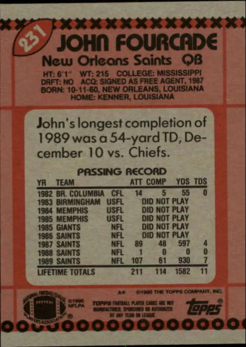 1990 Topps #231 John Fourcade EX Excellent New Orleans Saints Football Card - Football Card Single