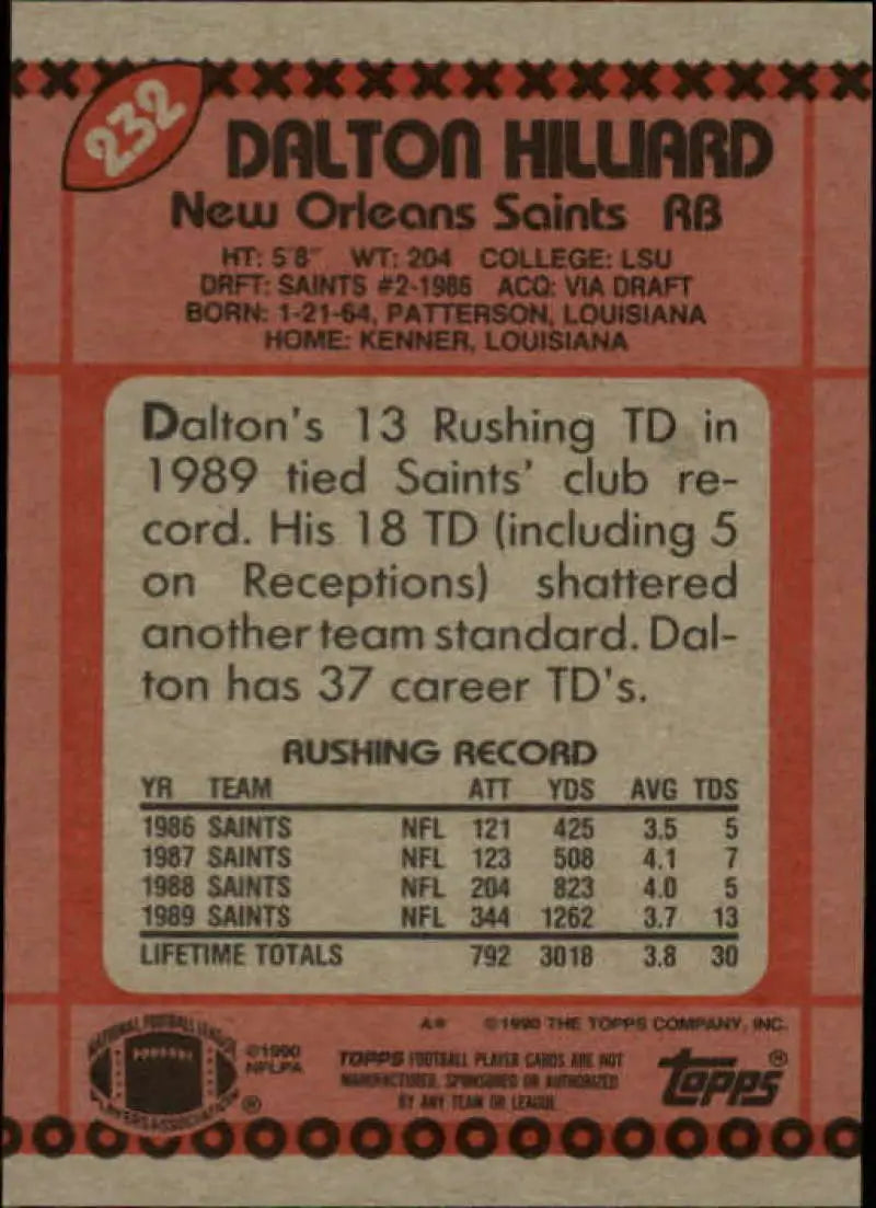 1990 Topps #232 Dalton Hilliard EX Excellent New Orleans Saints Football Card - Football Card Single