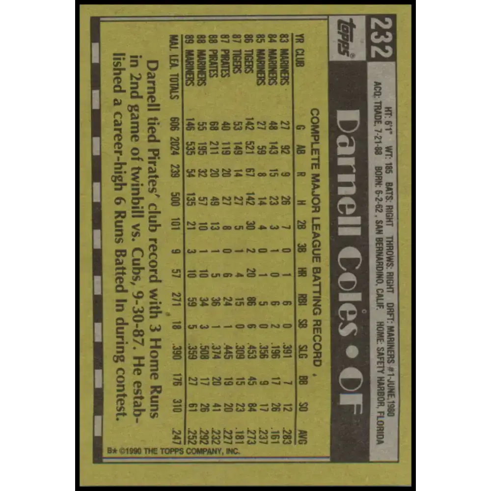 1990 Topps #232 Darnell Coles NM-MT Seattle Mariners Baseball Card - Baseball Card Single