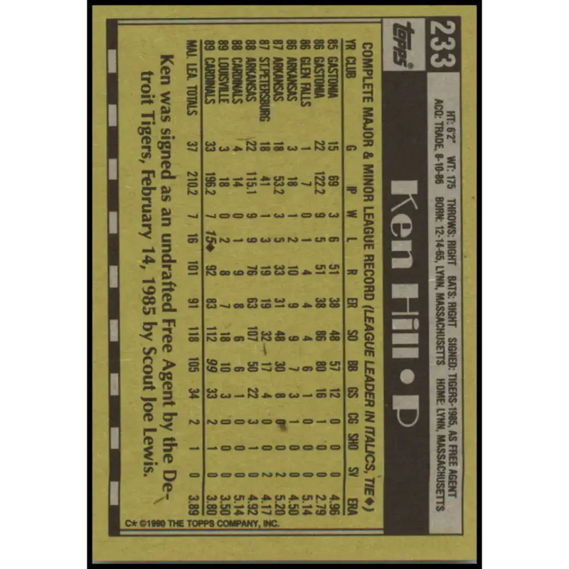 1990 Topps #233 Ken Hill NM-MT St. Louis Cardinals Baseball Card - Baseball Card Single
