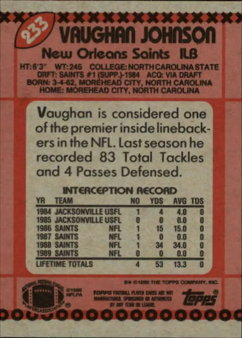 1990 Topps #233 Vaughan Johnson EX Excellent New Orleans Saints Football Card - Football Card Single