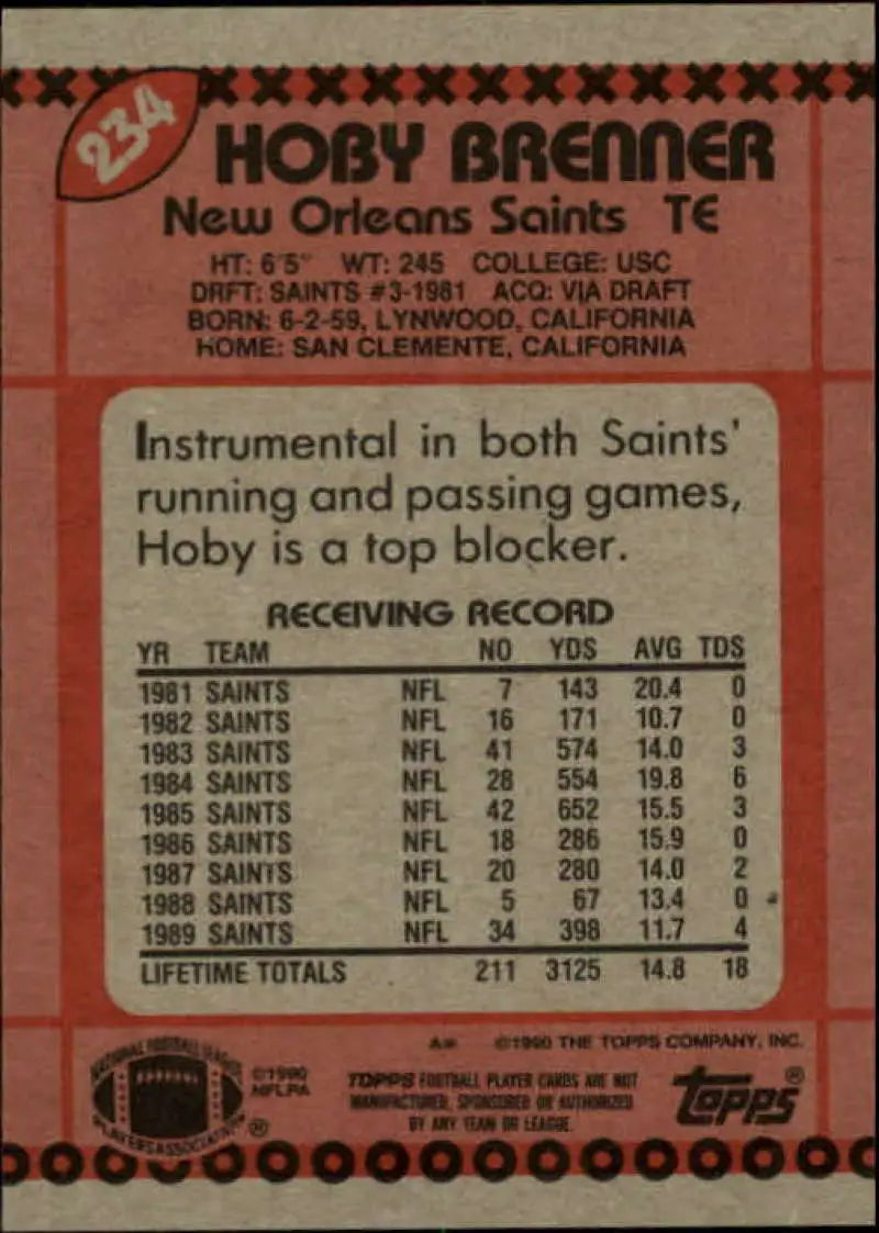 1990 Topps #234 Hoby Brenner EX Excellent New Orleans Saints Football Card - Football Card Single