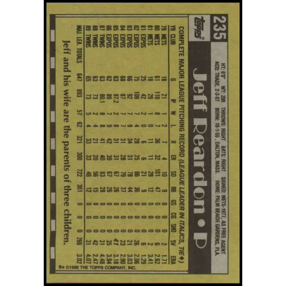1990 Topps #235 Jeff Reardon NM-MT Minnesota Twins Baseball Card - Baseball Card Single