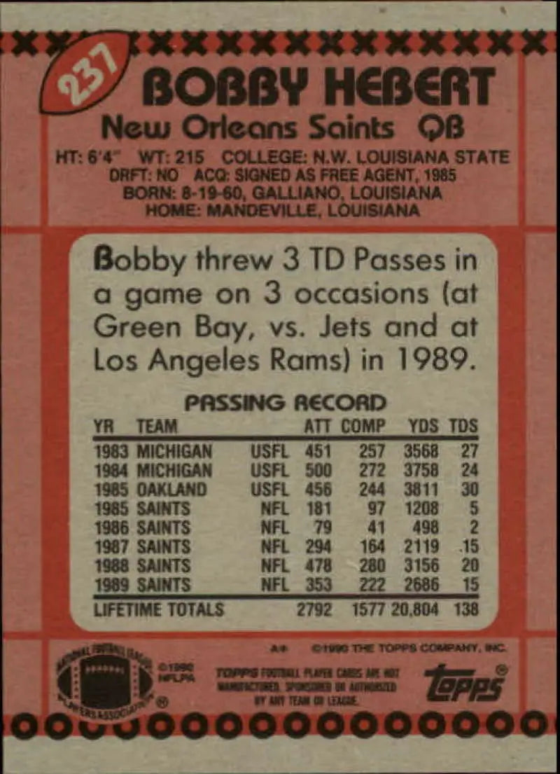 1990 Topps #237 Bobby Hebert EX Excellent New Orleans Saints Football Card - Football Card Single