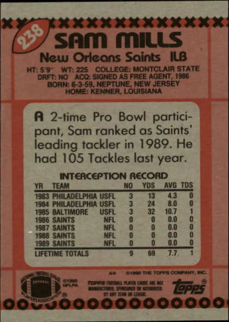 1990 Topps #238 Sam Mills EX Excellent New Orleans Saints Football Card - Football Card Single