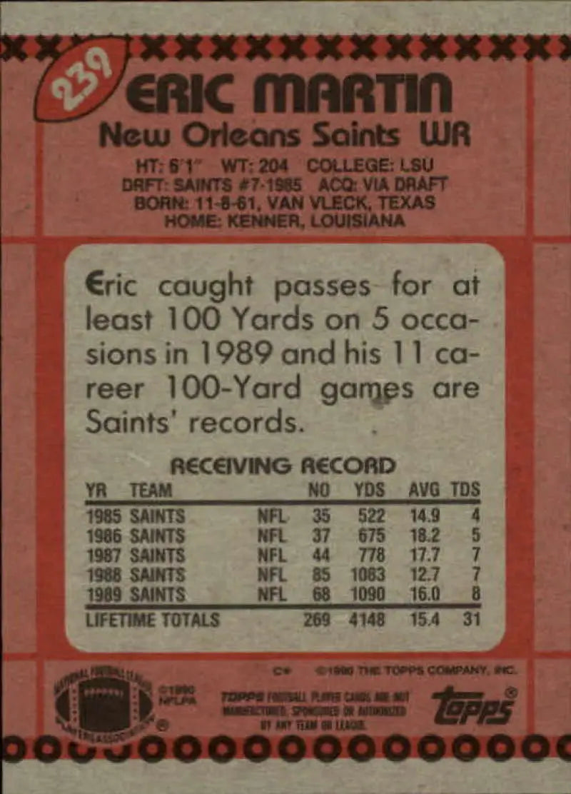 1990 Topps #239 Eric Martin EX Excellent New Orleans Saints Football Card - Football Card Single
