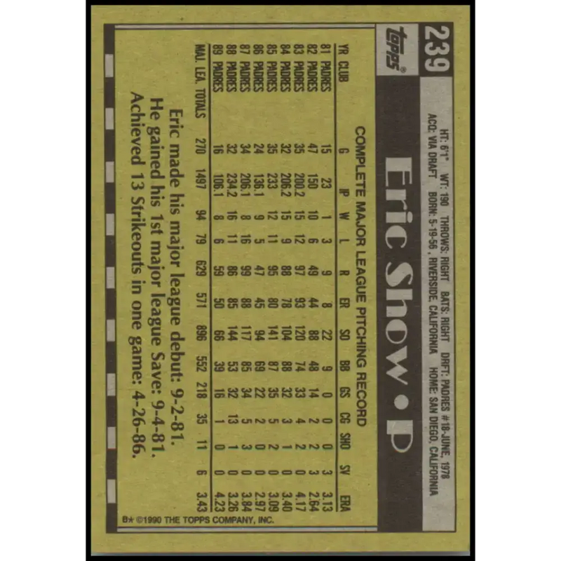 1990 Topps #239 Eric Show NM-MT San Diego Padres Baseball Card - Baseball Card Single