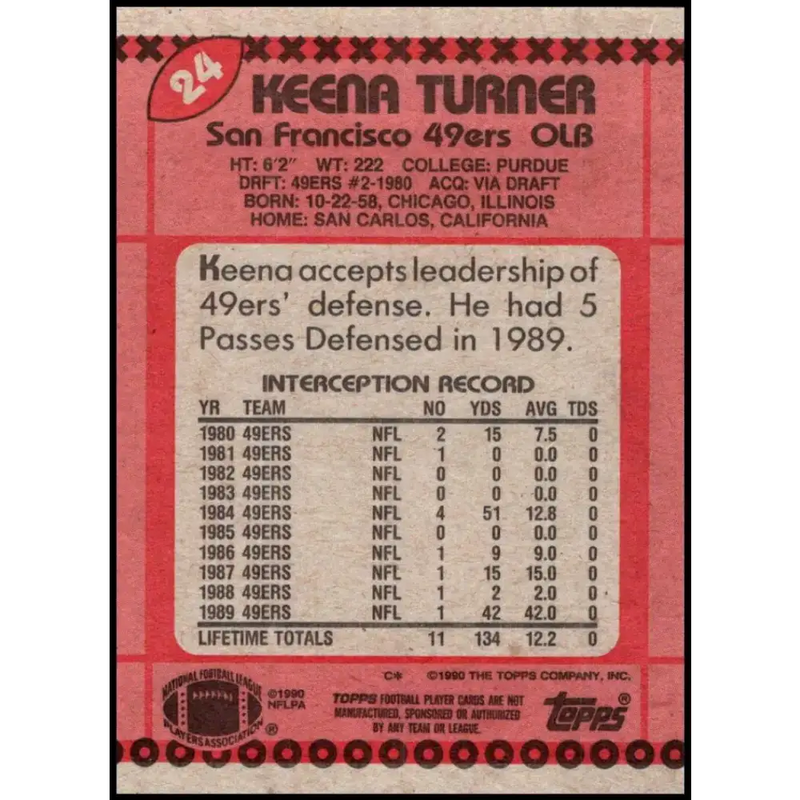 1990 Topps #24 Keena Turner EX Excellent San Francisco 49ers Football Card - Football Card Single