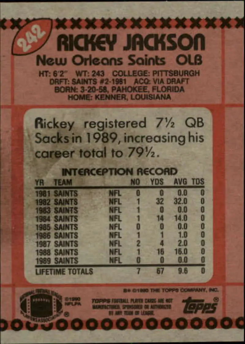 1990 Topps #242 Rickey Jackson EX Excellent New Orleans Saints Football Card - Football Card Single
