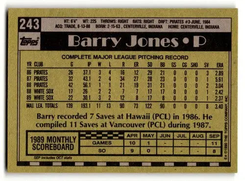 1990 Topps #243 Barry Jones Chicago White Sox Baseball Cards EX/NM ID:53585 - Baseball Card Single