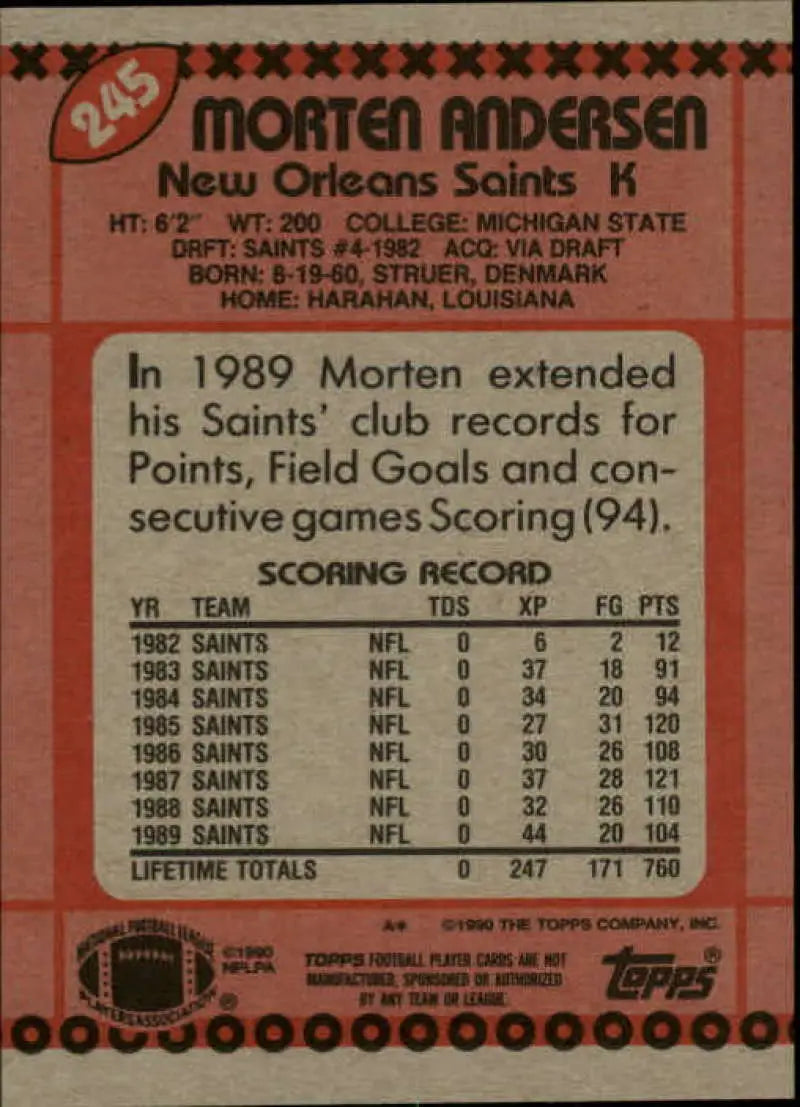1990 Topps #245 Morten Andersen EX Excellent New Orleans Saints Football Card - Football Card Single