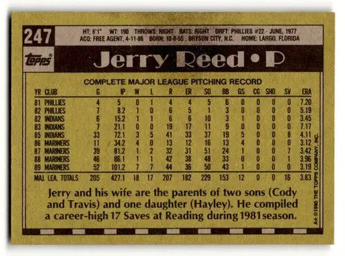 1990 Topps #247 Jerry Reed Seattle Mariners Baseball Cards EX/NM ID:55638 - Baseball Card Single