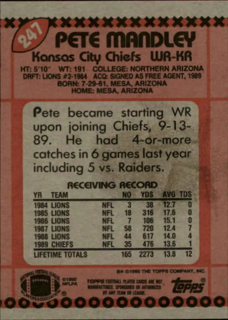 1990 Topps #247 Pete Mandley EX Excellent Kansas City Chiefs Football Card - Football Card Single