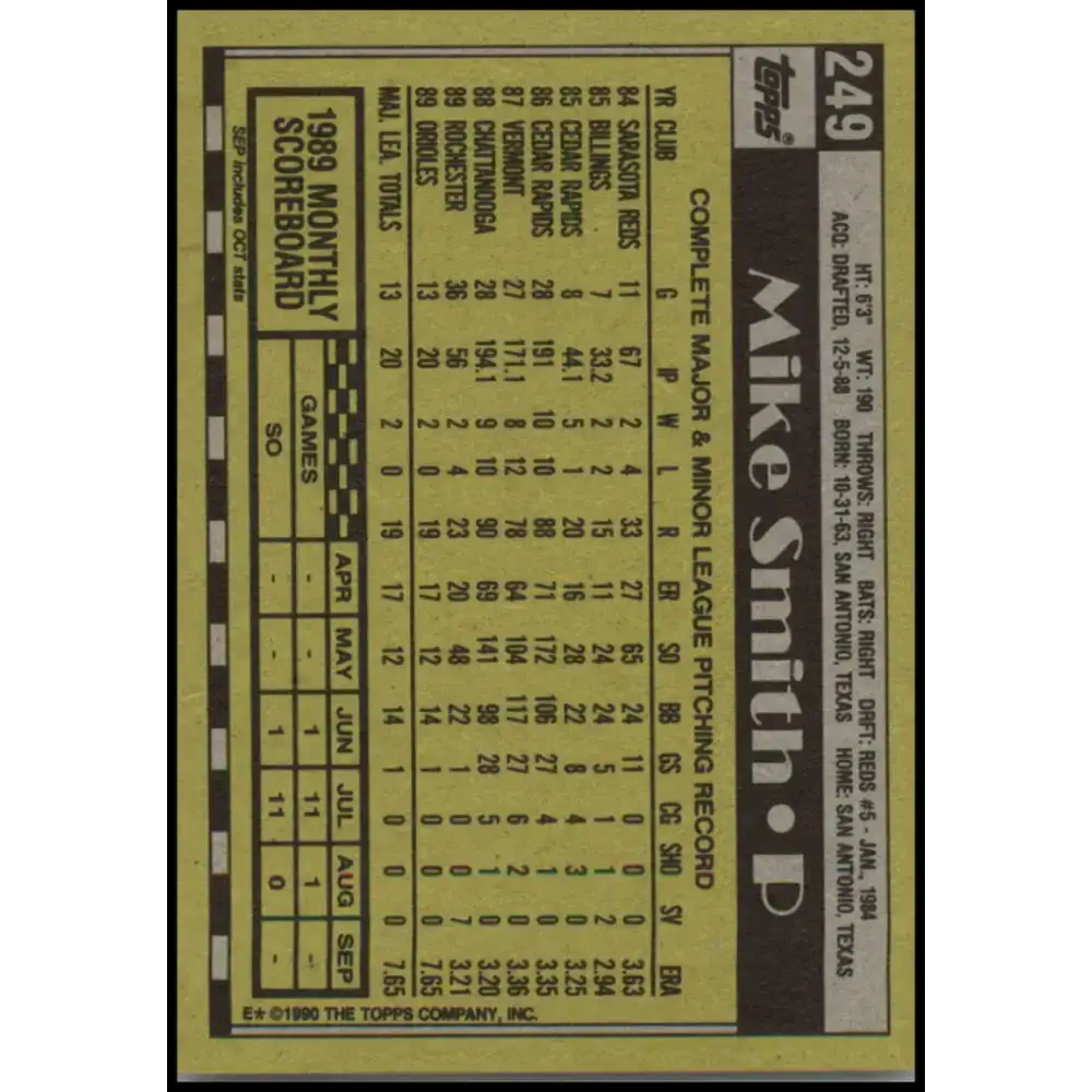 1990 Topps #249 Mike Smith NM-MT RC Rookie Baltimore Orioles Baseball Card - Baseball Card Single