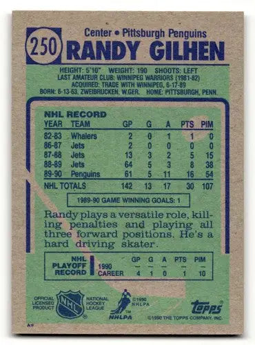 1990 Topps #250 Randy Gilhen Pittsburgh Penguins Hockey Cards NM Nea ID:55535 - Hockey Card Single