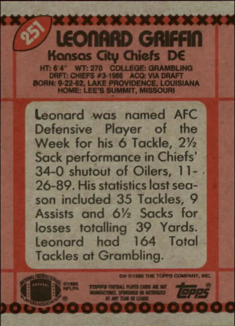 1990 Topps #251 Leonard Griffin EX Excellent Kansas City Chiefs Football Card - Football Card Single