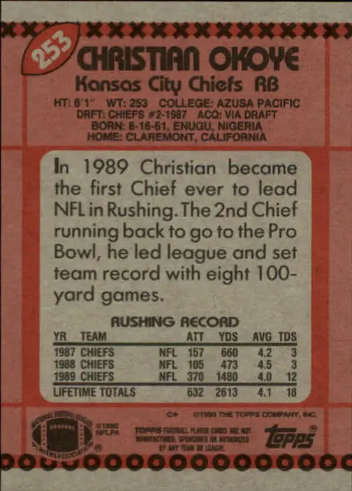 1990 Topps #253 Christian Okoye EX Excellent Kansas City Chiefs Football Card