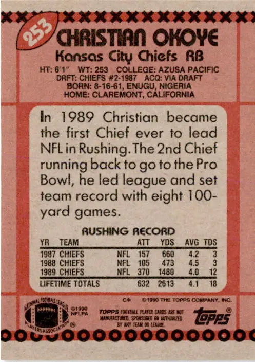 1990 Topps #253b Christian Okoye - Football Card Single