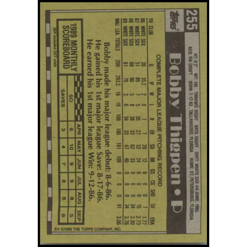 1990 Topps #255 Bobby Thigpen NM-MT Chicago White Sox Baseball Card - Baseball Card Single