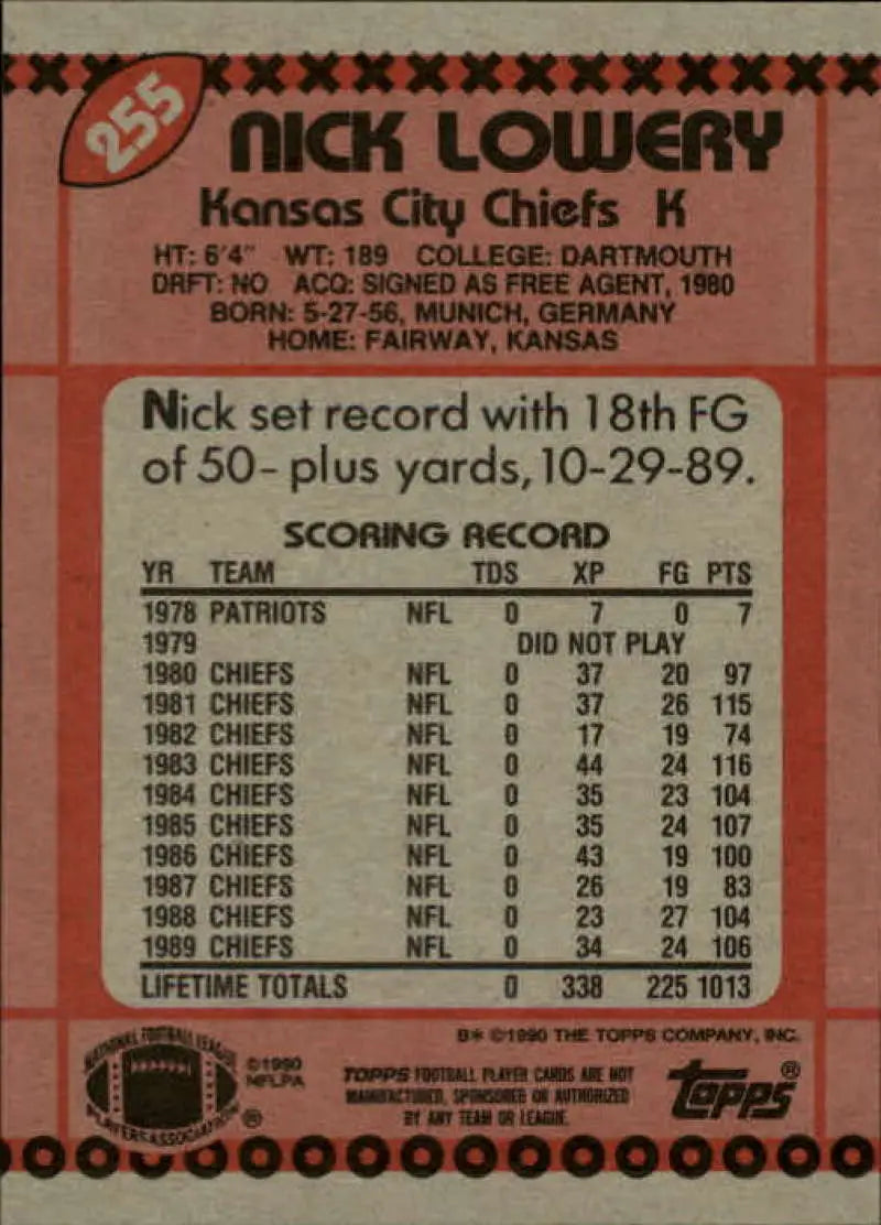 1990 Topps #255 Nick Lowery EX Excellent Kansas City Chiefs Football Card