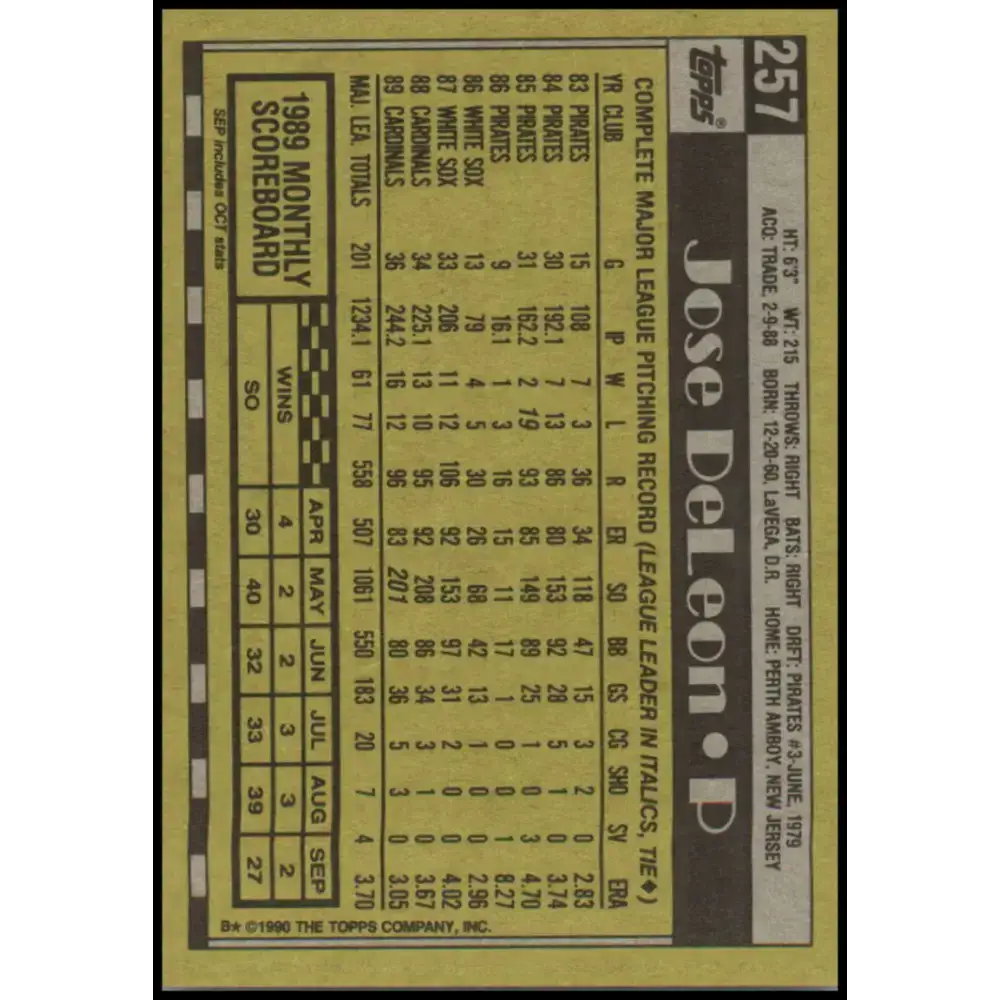 1990 Topps #257 Jose DeLeon NM-MT St. Louis Cardinals Baseball Card - Baseball Card Single