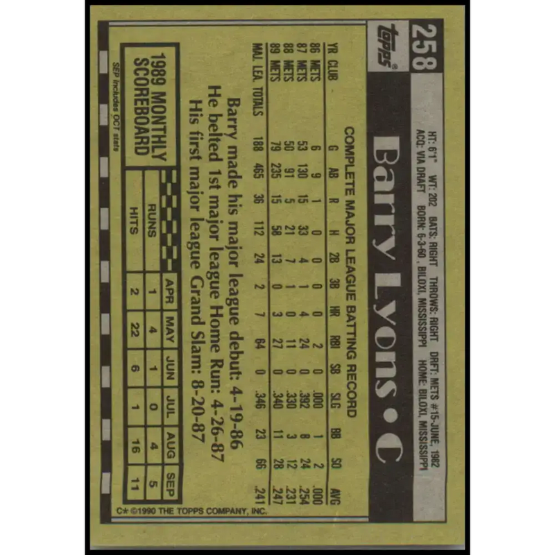 1990 Topps #258 Barry Lyons NM-MT New York Mets Baseball Card - Baseball Card Single