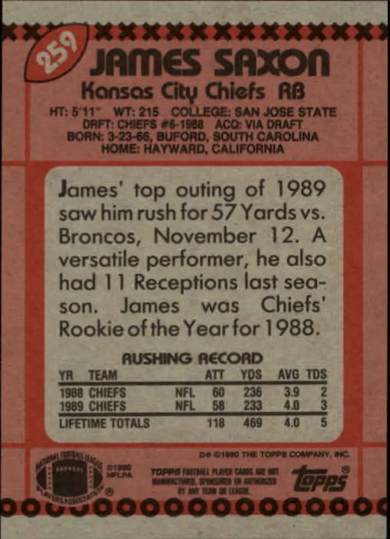 1990 Topps #259 James Saxon EX Excellent RC Rookie Kansas City Chiefs Football Card - Football Card Single