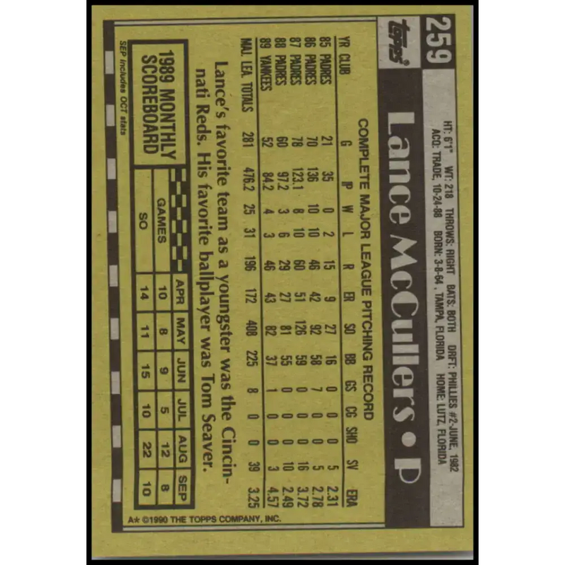 1990 Topps #259 Lance McCullers NM-MT New York Yankees Baseball Card - Baseball Card Single