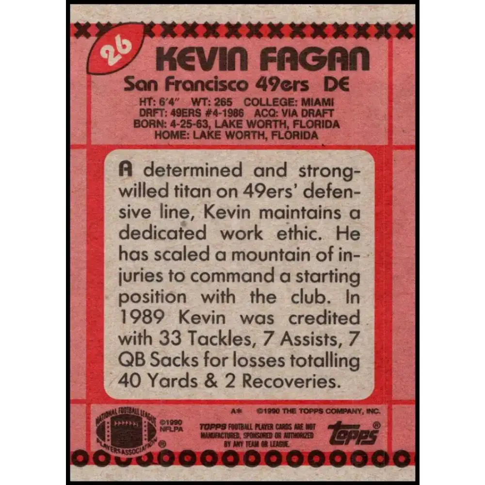 1990 Topps #26 Kevin Fagan EX Excellent RC Rookie San Francisco 49ers Football Card - Football Card Single