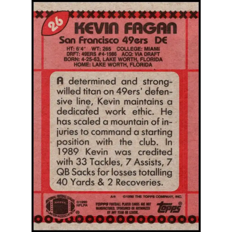 1990 Topps #26 Kevin Fagan EX Excellent RC Rookie San Francisco 49ers Football Card - Football Card Single