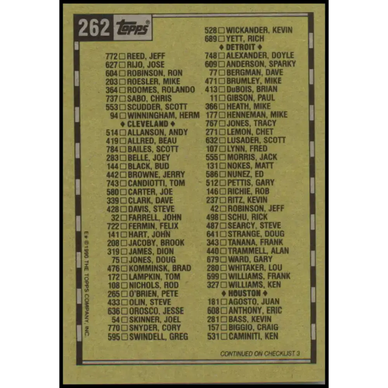 1990 Topps #262 Checklist NM-MT Checklist Baseball Card - Baseball Card Single