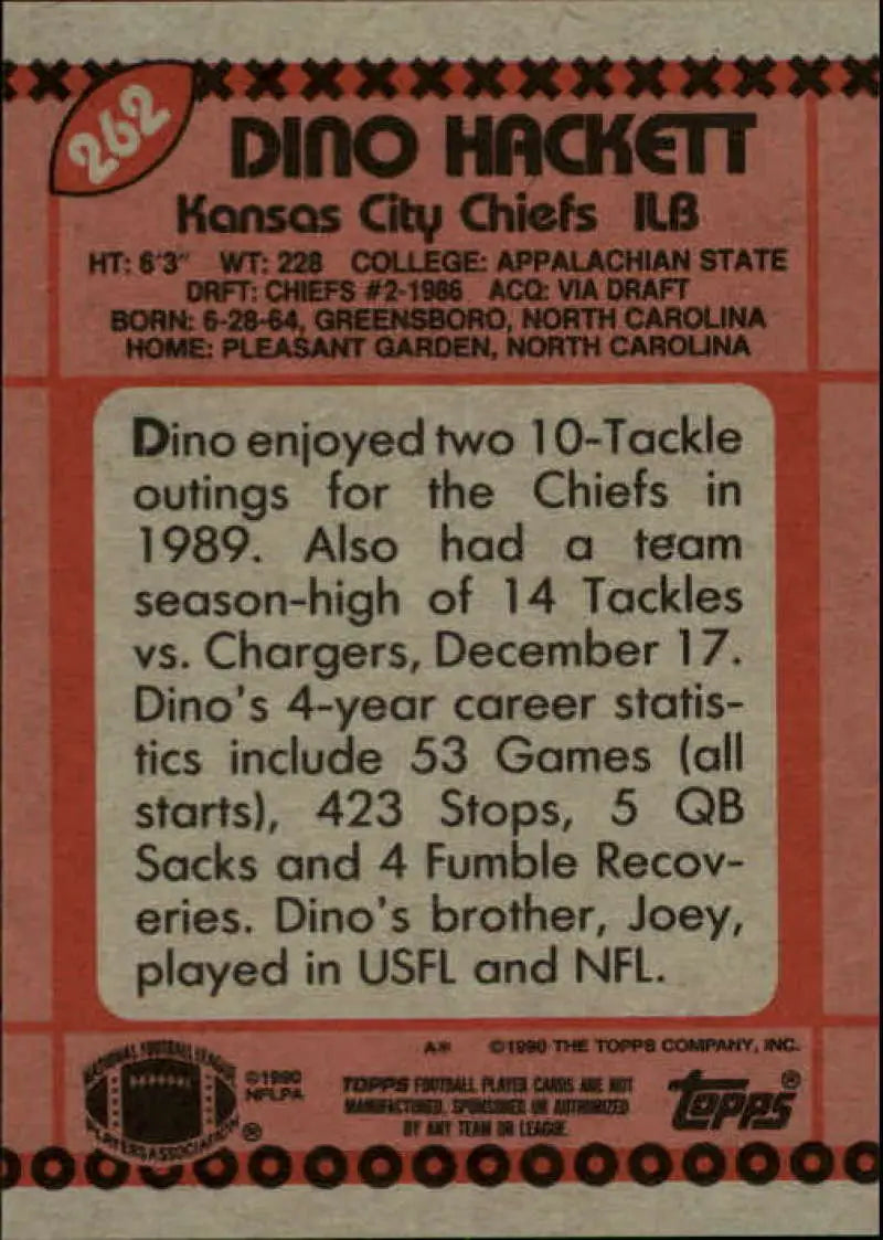 1990 Topps #262 Dino Hackett EX Excellent Kansas City Chiefs Football Card - Football Card Single
