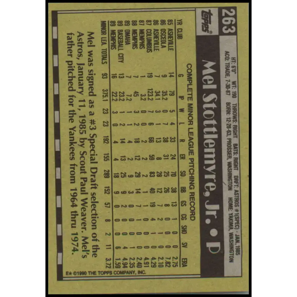 1990 Topps #263 Mel Stottlemyre Jr. NM-MT Kansas City Royals Baseball Card - Baseball Card Single