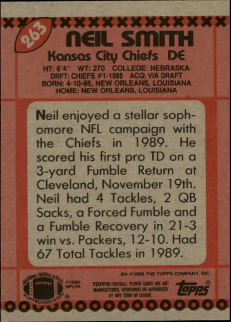 1990 Topps #263 Neil Smith EX Excellent Kansas City Chiefs Football Card