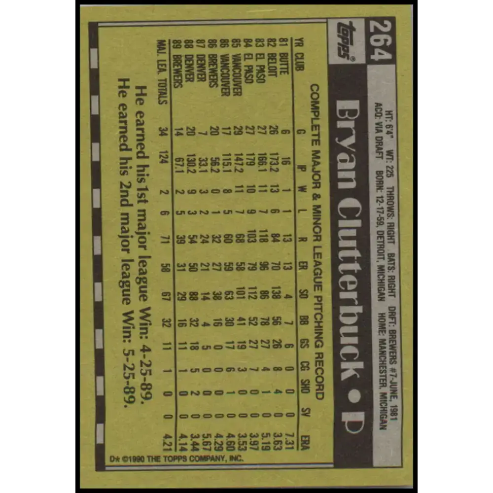 1990 Topps #264 Bryan Clutterbuck NM-MT Milwaukee Brewers Baseball Card - Baseball Card Single