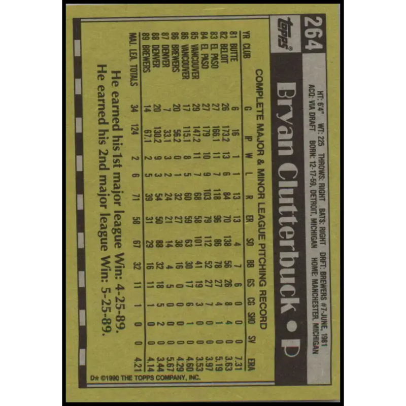 1990 Topps #264 Bryan Clutterbuck NM-MT Milwaukee Brewers Baseball Card - Baseball Card Single