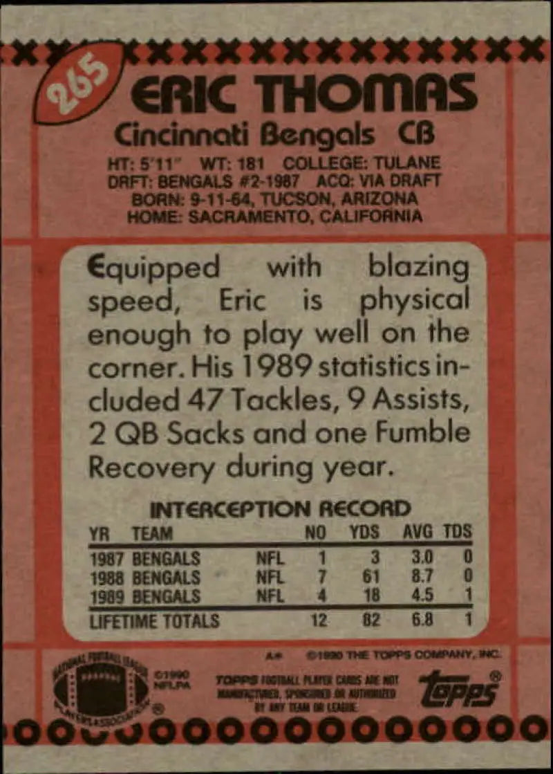 1990 Topps #265 Eric Thomas EX Excellent Cincinnati Bengals Football Card - Football Card Single