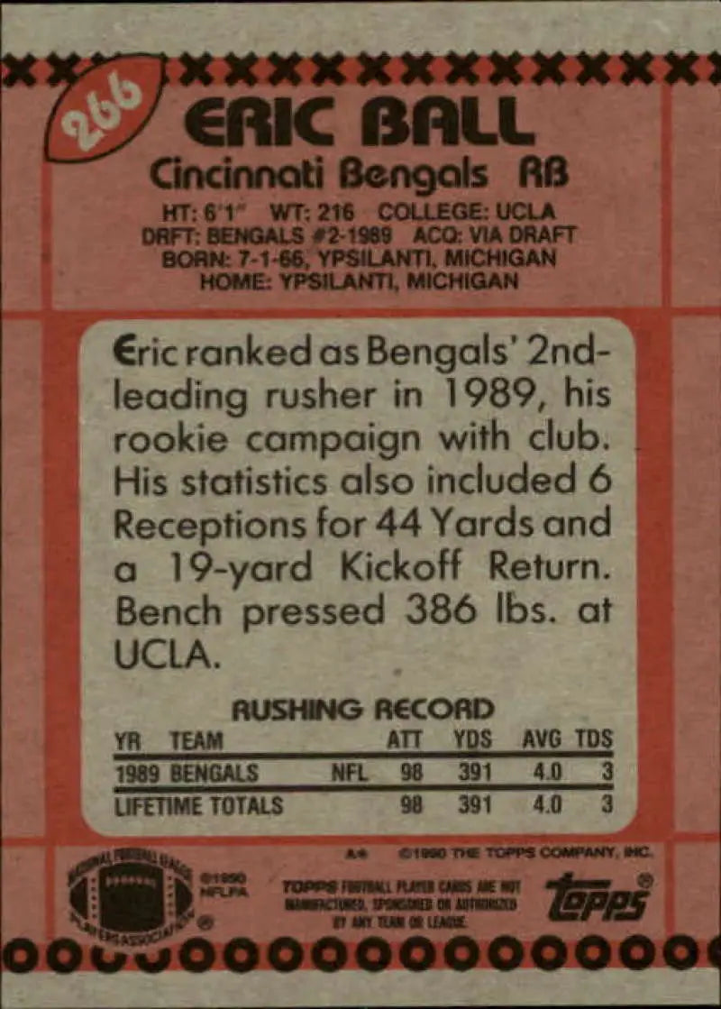1990 Topps #266 Eric Ball EX Excellent Cincinnati Bengals Football Card - Football Card Single