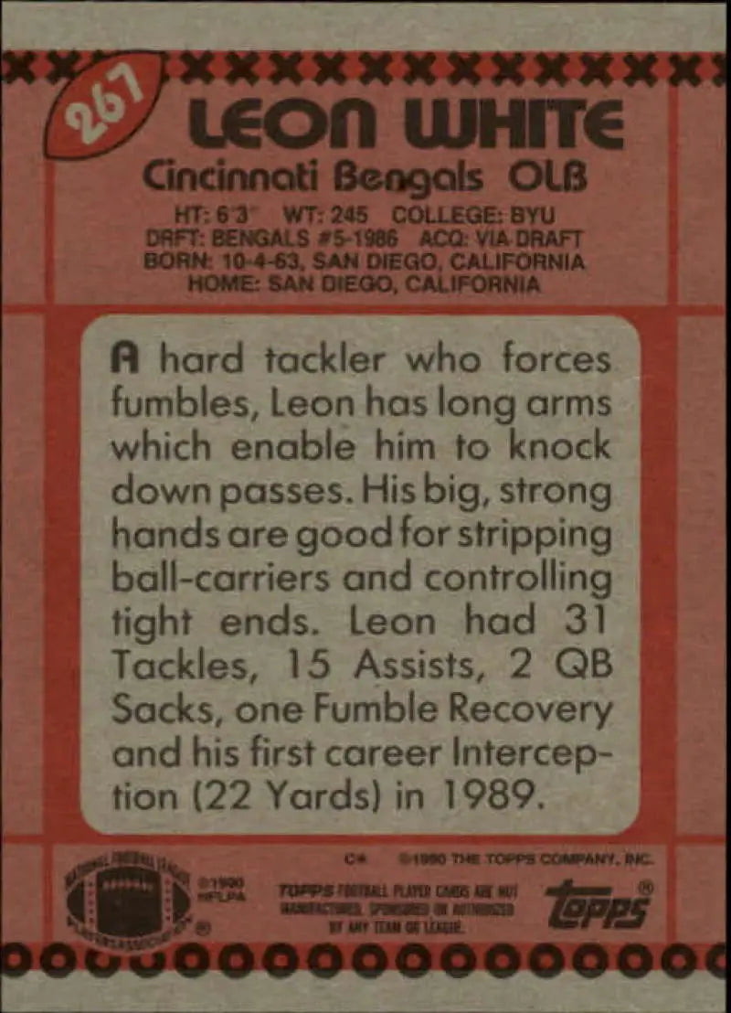 1990 Topps #267 Leon White EX Excellent Cincinnati Bengals Football Card - Football Card Single