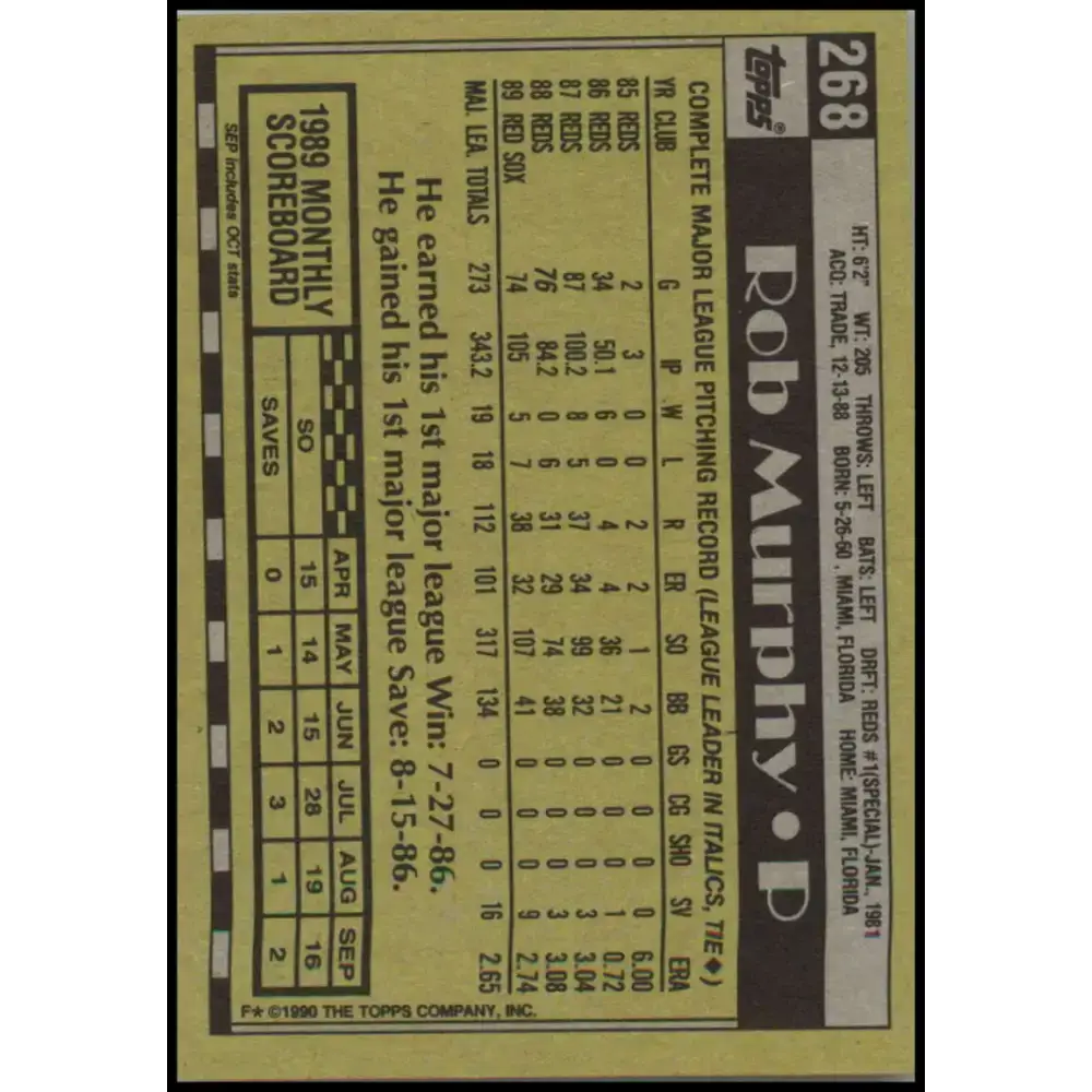 1990 Topps #268 Rob Murphy NM-MT Boston Red Sox Baseball Card - Baseball Card Single