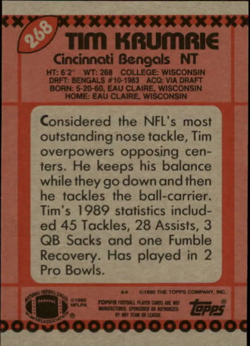 1990 Topps #268 Tim Krumrie EX Excellent Cincinnati Bengals Football Card - Football Card Single