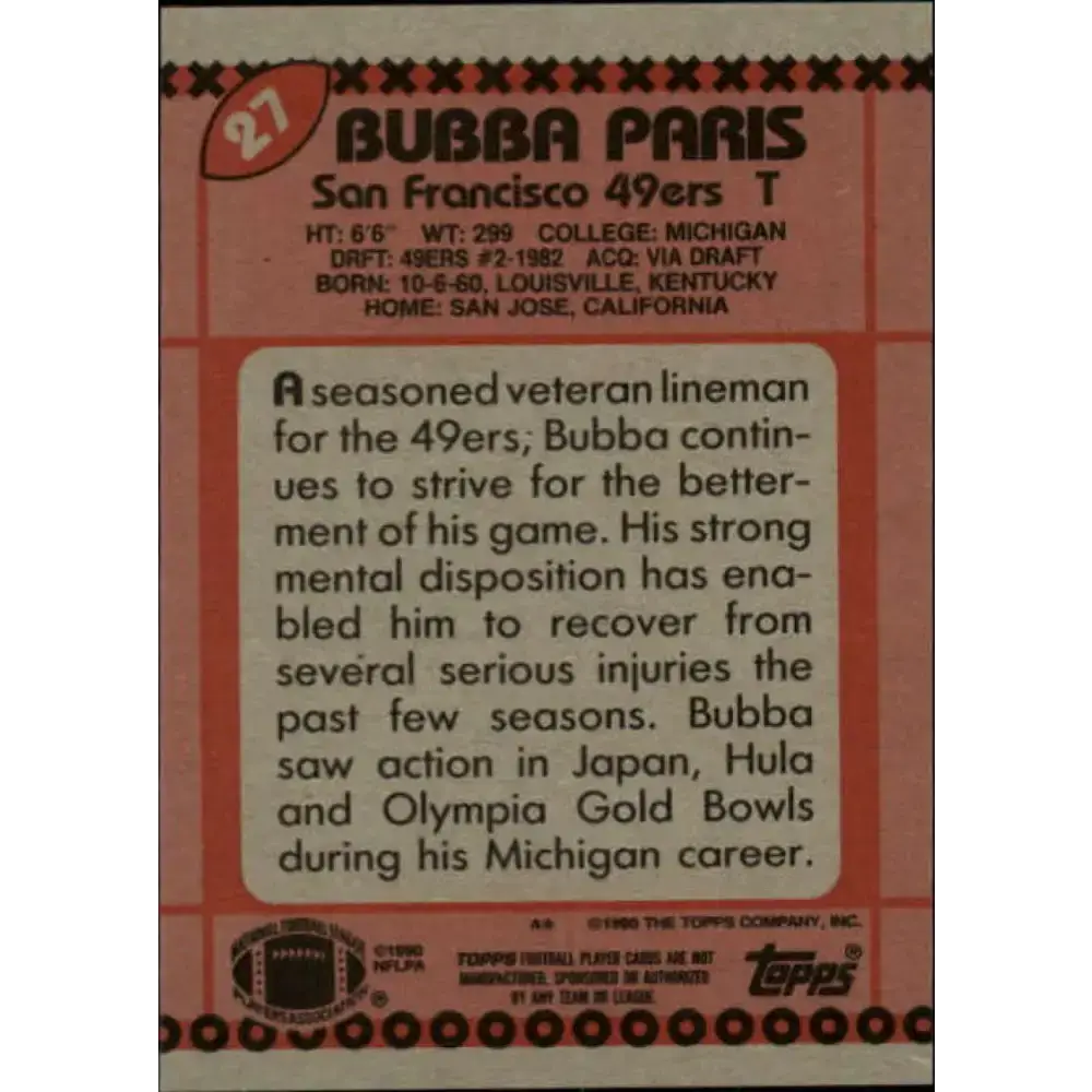 1990 Topps #27 Bubba Paris EX Excellent San Francisco 49ers Football Card - Football Card Single