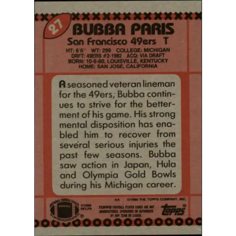 1990 Topps #27 Bubba Paris EX Excellent San Francisco 49ers Football Card - Football Card Single