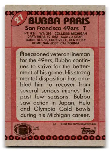 Original gloss Bubba Paris football card featuring mint 49ers from 1990 Topps