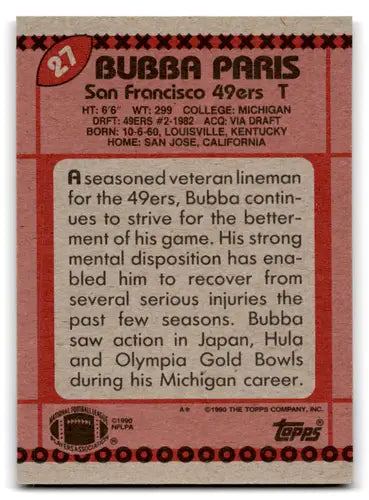 Original gloss Bubba Paris football card 1990 Topps mint 49ers NM near mint