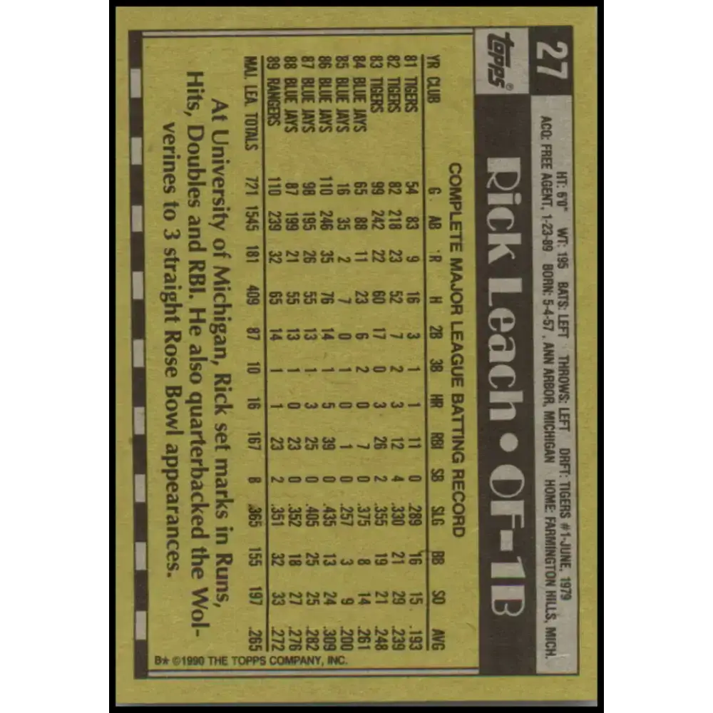 1990 Topps #27 Rick Leach NM-MT Texas Rangers Baseball Card - Baseball Card Single