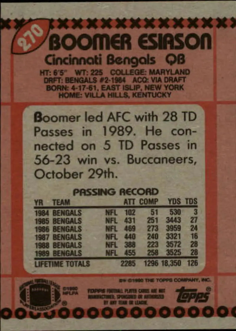 1990 Topps #270 Boomer Esiason EX Excellent Cincinnati Bengals Football Card - Football Card Single