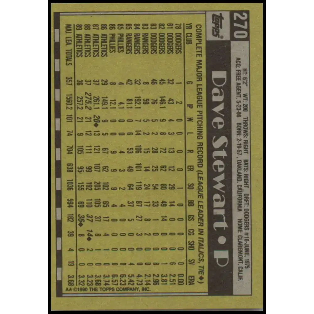 1990 Topps #270 Dave Stewart NM-MT Oakland Athletics Baseball Card - Baseball Card Single