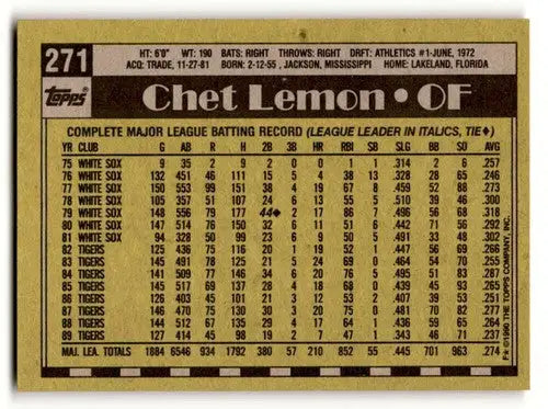 Chet Lemon Detroit Tigers baseball card back with original gloss from 1990 Topps series